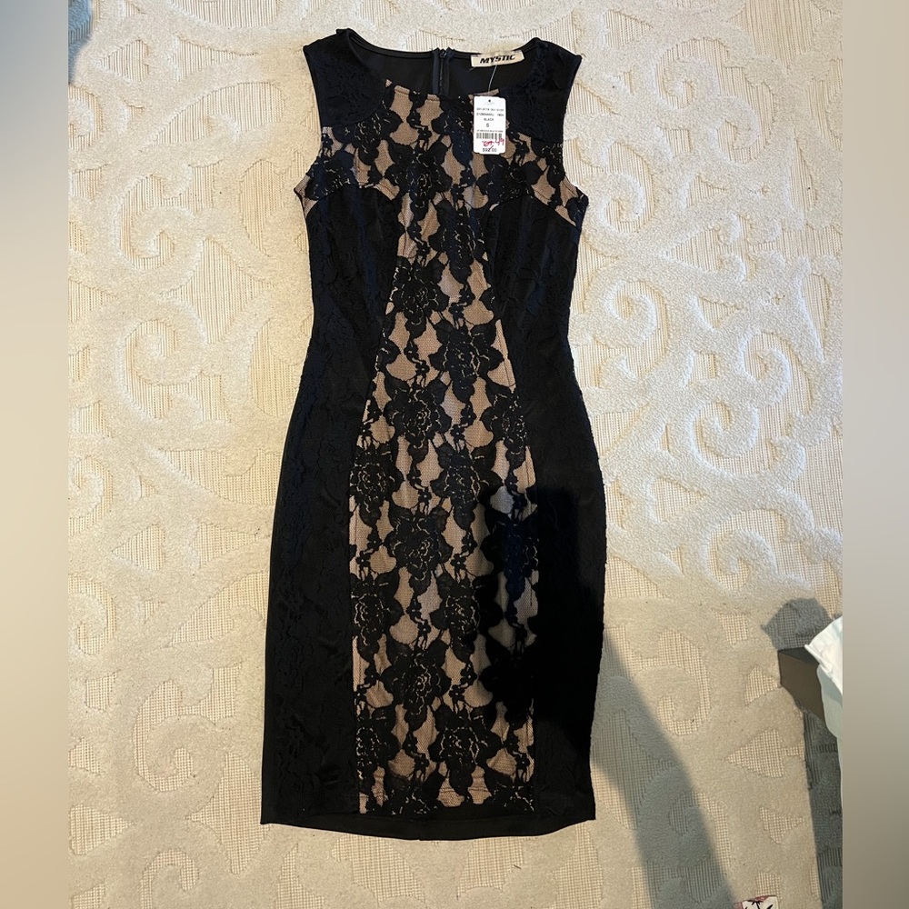 Mystic Black and Beige Lace Midi Dress